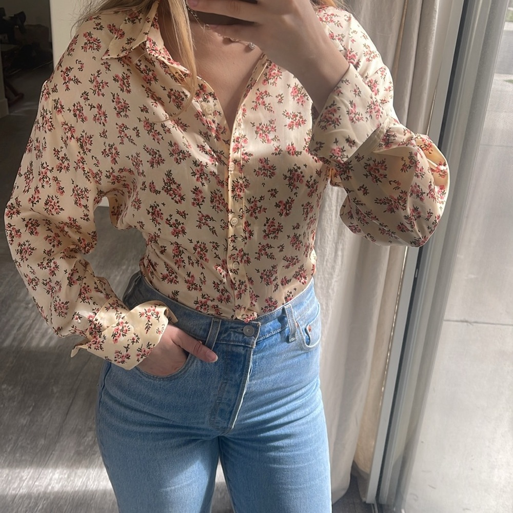 Zara Satin Floral Button-Up Blouse